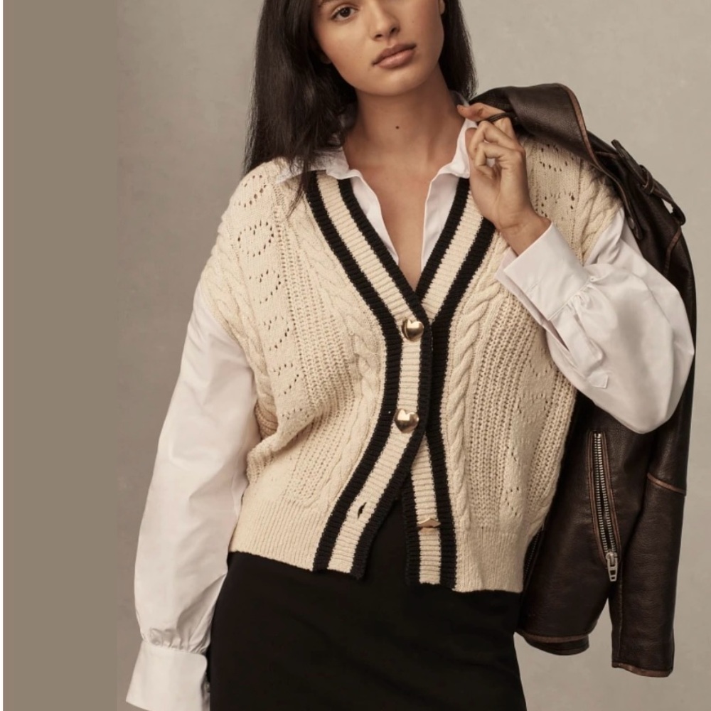 Anthropologie Cream and Black Women's Sweater